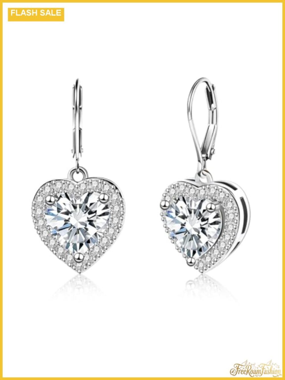 Silver Heart Dangle Earrings Leverback Cubic Zirconia Hypoallergenic